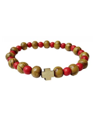Βραχιόλι Ξύλινο με Σταυρό και Κόκκινες  Χάντρες