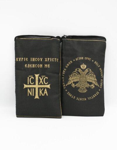 πορτοφόλι Αγίου Όρους υφασμάτινο μαύρο χρυσό wallet fabric mount athos black-gold