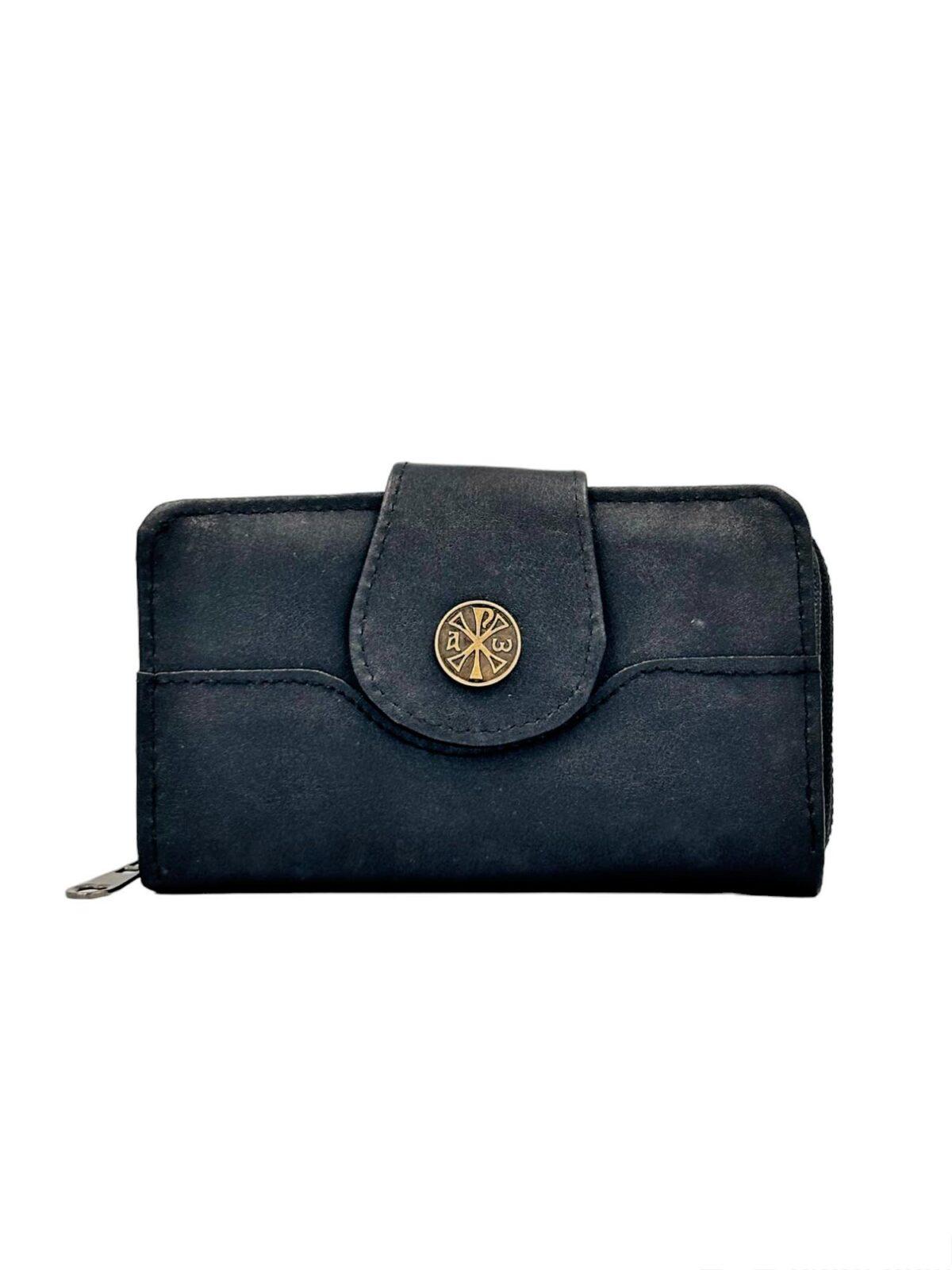 πορτοφόλι μαύρο γυναικείο δερματίνη με χριστόγραμμα 9χ16cm - byzanteiko - wallet black female mount athos 1 πορτοφόλι γυναικείο μαύρο δερματίνη με χριστόγραμμα 9χ16cm - byzanteiko - wallet black female mount athos 1