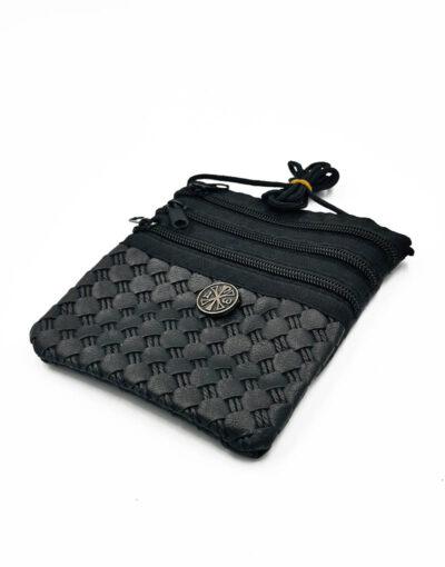 πορτοφόλι λαιμού μαύρο δερματίνη με χριστόγραμμα 13χ15cm με 3 θήκες - byzanteiko - wallet for neck black with three cases mount athos 1