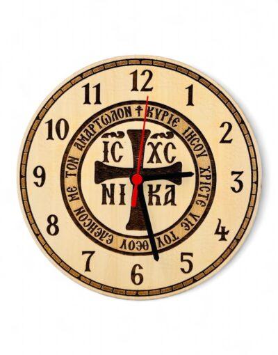 ξύλινο ρολόι τοίχου ic xc nika - byzanteiko - wooden round wall clock jesus christ