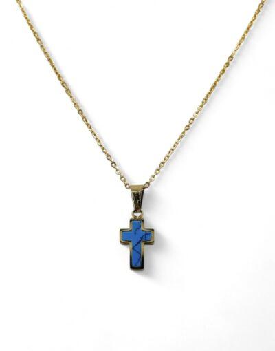 ατσαλινος σταυρός χρυσό με μπλε μοτίφ - byzanteiko - stainless steel cross gold with blue motif