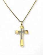 σταυρός λαιμού ατσάλινος χρυσός με στρασ - byzanteiko - stainless steel cross gold necklace and chain