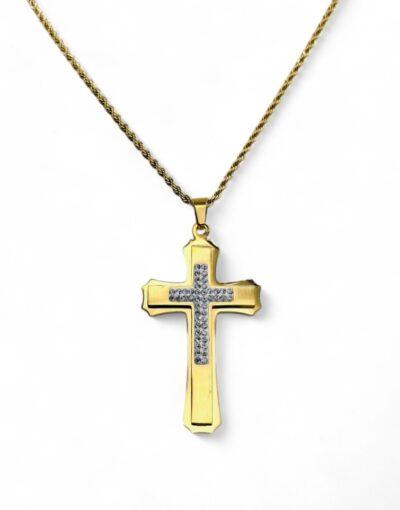 σταυρός λαιμού ατσάλινος χρυσός με στρασ - byzanteiko - stainless steel cross gold necklace and chain