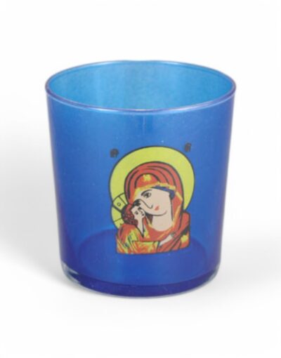 επιτραπέζιο καντήλι ποτήρι με εικόνα παναγίας χαλκομανία - byzanteiko table glass oil lamp with virgin mary icon decal art blue