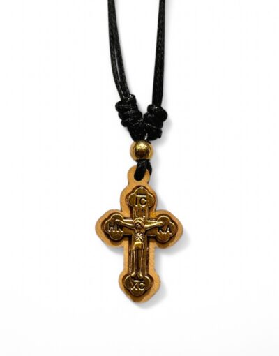 ξύλινος σταυρός λαιμού αυξομειούμενο δερμάτινο  κορδόνι wooden cross pendant blessing of jesus christ byzanteiko mount athos