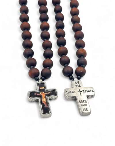 mount athos wooden bead pendant cross byzanteiko αγιορείτικος κρεμαστός σταυρός με ξύλινες χάντρες