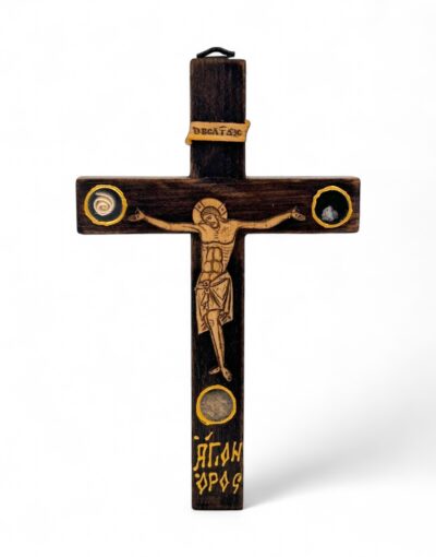 ξύλινος σταυρός με ιερά αντικείμενα εργόχειρο αγίου όρους - byzanteiko - wooden cross with holy items mount athos