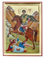 Άγιος Δημήτριος ενσκαπτη χειροποίητη εικόνα μεταξοτυπιας σε καμβά με φύλλα χρυσού Handmade icon Byzanteiko Saint Dimitrios