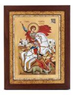 άγιος γεώργιος τροπαιοφόρος σε ξύλινη εικόνα κορνίζα με τζάμι χειροποίητη - byzanteiko - handmade icon saint george