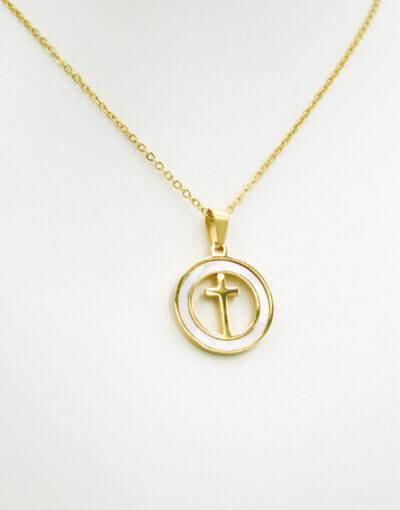 Σταυρός Λαιμού Ατσάλινος επιχρυσωμένος μέσα σε κύκλο διακοσμημένος με φίλντισι.