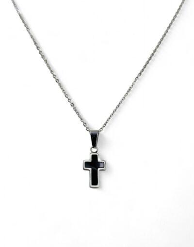 ατσαλινος σταυρός ασημί με μαύρο μοτίφ - byzanteiko - stainless steel cross silver with black motif