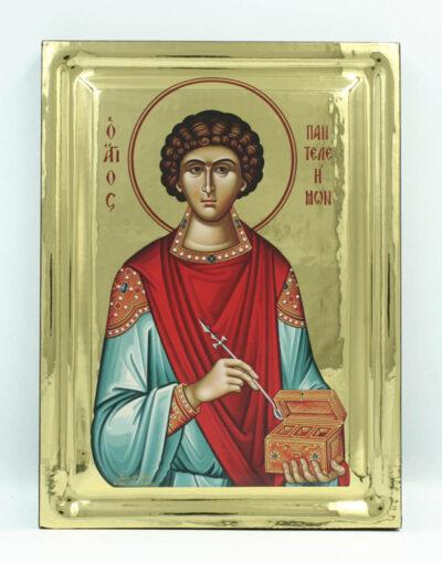 Άγιος Παντελεήμων εικόνα με όψη στιλβωτού Saint Panteleimon handmade icon Byzanteiko