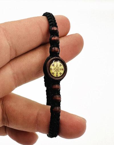 βραχιόλι μακραμέ μαύρο με ξύλινες χάντρες και 'ελέησον' βυζάντεικο - bracelet black makrame with wooden beads 'have mercy'