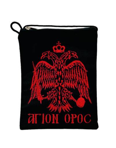 Κεντητή θήκη λαιμού αγιορείτικη με δικέφαλο αετό άγιον όρος - byzanteiko 13x18cm- hanging neck case mount athos black byzantine double-headed eagleicxc nika 1