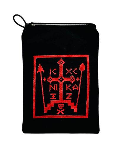 Κεντητή θήκη λαιμού αγιορείτικη με μοναχικό σχήμα icxc nika - byzanteiko 13x18cm- neck wallet fabric mount athos black byzantine icxc nika