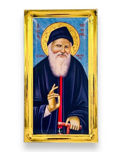 άγιος πορφύριος ο καυσοκαλυβίτης χειροποίητη εικόνα σε ξύλο όψη στιλβωτού - byzanteiko handmade icon - saint porphyrios kaysokalivitis Mount Athos glossy effect