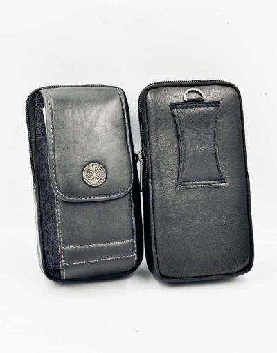 θήκη-τσαντάκι ζώνης μάυρη για κινήτο δερματίνη με το χριστόγραμμα 9χ18cm - byzanteiko - belt holster for cellphone or smartphone black mount athos 1