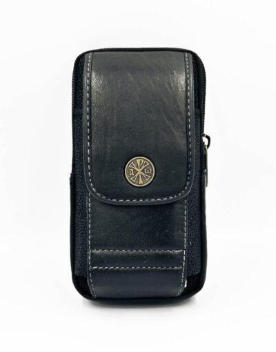 θήκη-τσαντάκι ζώνης μάυρη για κινήτο δερματίνη με το χριστόγραμμα 9χ18cm - byzanteiko - belt holster for cellphone or smartphone black mount athos 2