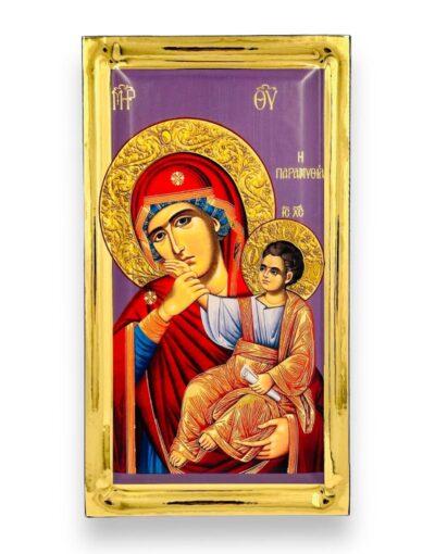 παναγία παραμυθία με φόντο χειροποίητη εικόνα σε ξύλο όψη στιλβωτού - byzanteiko handmade icon - virgin mary paramythia glossy effect