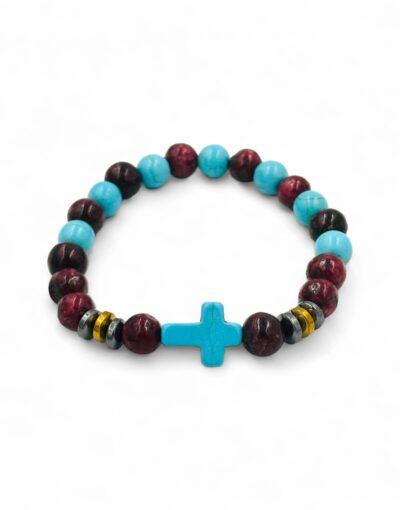 βραχιόλι με ημιπολίτιμες πέτρες και σταυρό μπλε κόκκινο byzanteiko bracelet semi-precious stones and cross