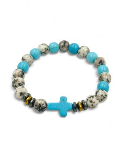 βραχιόλι με ημιπολίτιμες πέτρες και σταυρό μπλε λευκό byzanteiko bracelet semi-precious stones and cross