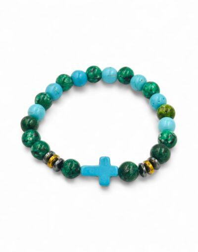 βραχιόλι με ημιπολίτιμες πέτρες και σταυρό μπλε πράσινο byzanteiko bracelet semi-precious stones and cross