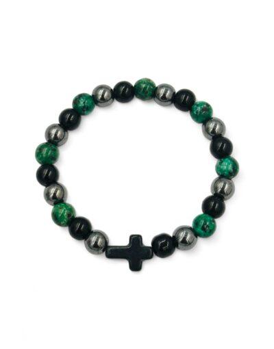 βραχιόλι με ημιπολίτιμες πέτρες και σταυρό πράσινο - byzanteiko bracelet semi-precious stones and cross