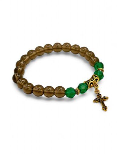 βραχιόλι με γυάλινες καφέ και πράσινες χάντρες και σταυρό - byzanteiko - bracelet with glass brown and green beads and cross- 1