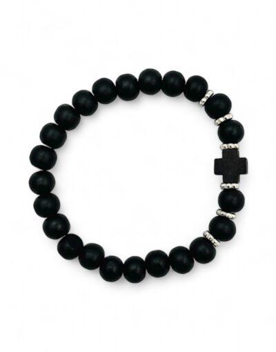 βραχιόλι με μαύρες ξύλινες χάντρες και σταυρό - byzanteiko - bracelet with wooden beads and cross 1