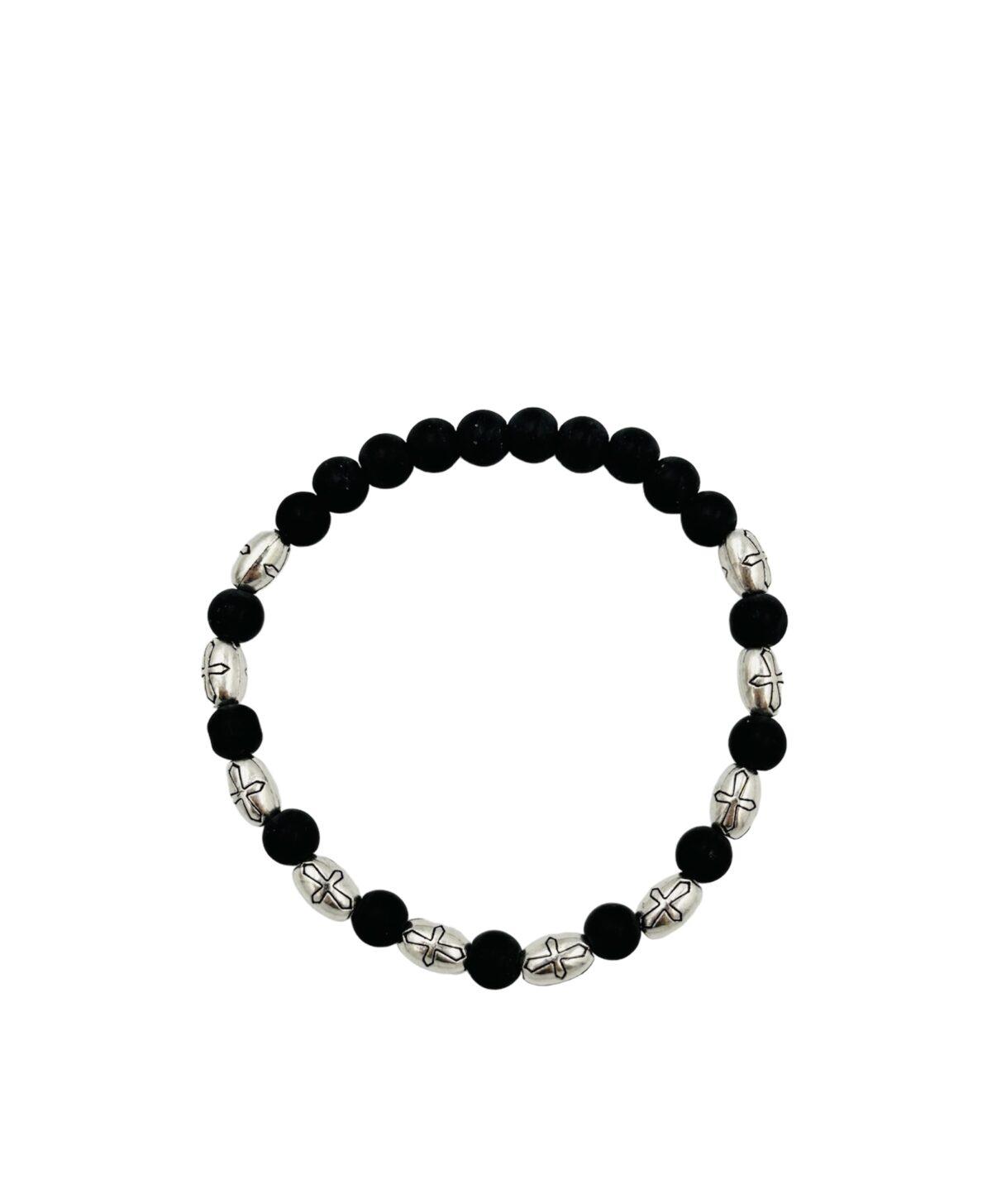 βραχιόλι με μαύρες χάντρες και στοιχεία με σταυρούς - byzanteiko - bracelet with black beads and beads with crosses