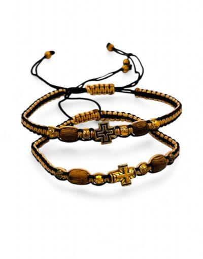 βραχιόλι μακραμέ χρυσό με μαύρο και σταυρό - bracelet macrame gold and black with cross - byzanteiko