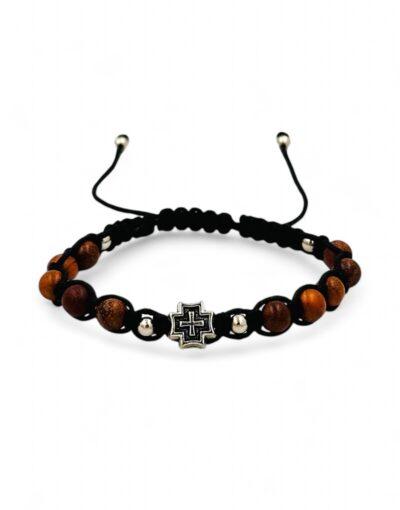 βραχιόλι ξύλινο μακραμέ με σταυρό - byzanteiko - bracelet wooden macrame with cross