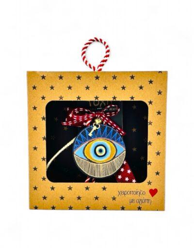 γούρι μάτι χρυσό ξύλινο σε κουτί δώρου - byzanteiko wooden eye charm gold in gift box 1