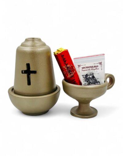 σετ κεραμικό καντήλι και θυμιατό με δώρα μοσχοθυμιαμα και καρβουνάκι - byzanteiko - set ceramic candle and incense burner beige with gifts