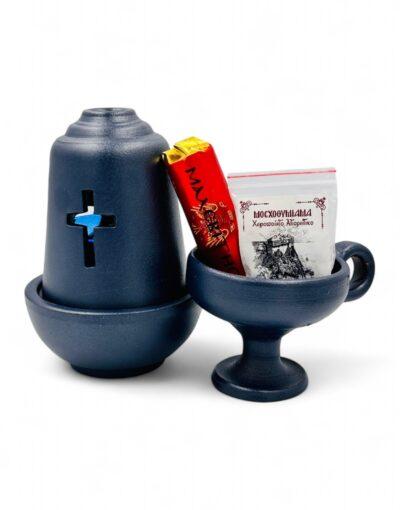 σετ κεραμικό καντήλι και θυμιατό με δώρα μοσχοθυμιαμα και καρβουνάκι - byzanteiko - set ceramic candle and incense burner blue with gifts