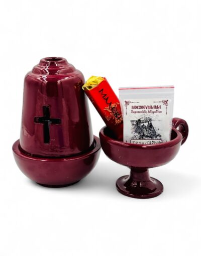 σετ κεραμικό καντήλι και θυμιατό με δώρα μοσχοθυμιαμα και καρβουνάκι - byzanteiko - set ceramic candle and incense burner red with gifts