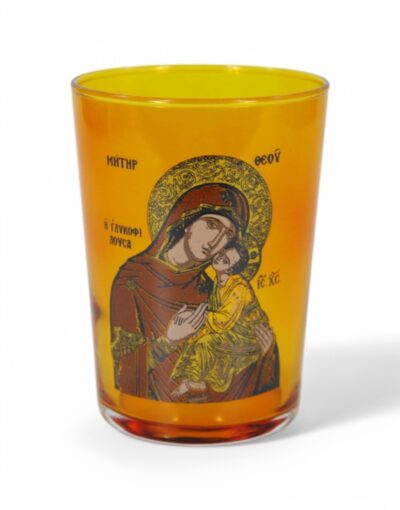 επιτραπέζιο καντήλι ποτήρι με εικόνα παναγίας χαλκομανία 500ml- byzanteiko table glass oil lamp with virgin mary icon decal art amber