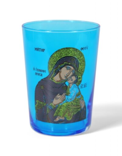 επιτραπέζιο καντήλι ποτήρι με εικόνα παναγίας χαλκομανία 500ml- byzanteiko table glass oil lamp with virgin mary icon decal art blue
