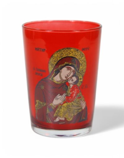 επιτραπέζιο καντήλι ποτήρι με εικόνα παναγίας χαλκομανία 500ml- byzanteiko table glass oil lamp with virgin mary icon decal art red