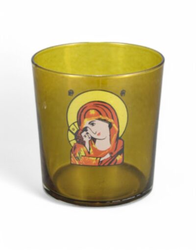 επιτραπέζιο καντήλι ποτήρι με εικόνα παναγίας χαλκομανία - byzanteiko table glass oil lamp with virgin mary icon decal art dark green