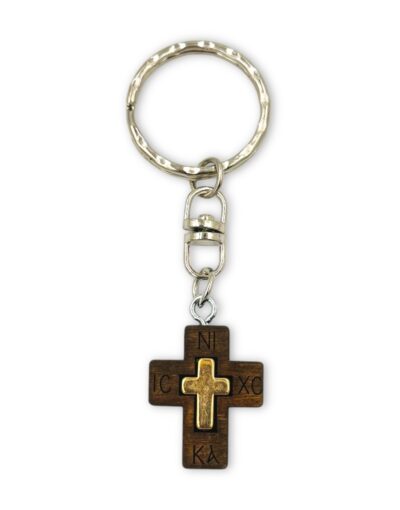 ξύλινο μπρελόκ σταυρός χρυσός icxc nika byzanteiko wooden cross keychain gold