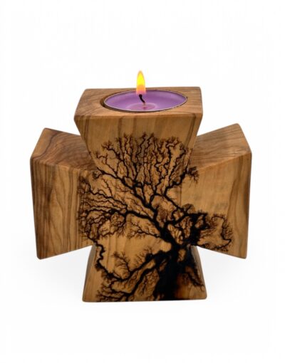 χειροποίητος κηροπήγιο σταυρός για ρεσώ από ξύλο ελιάς με πυρογραφία ηλεκτρισμού 10-9,5cm - byzanteiko - Handmade Cross Tealight Candle Holder from Olive Wood