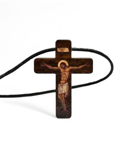 ξύλινος σταυρός λαιμού αγιορείτκος εσταυρωμένο αυξομειούμενο δερματίνη κορδόνι -byzanteiko-wooden cross pendant crucified jesus christ