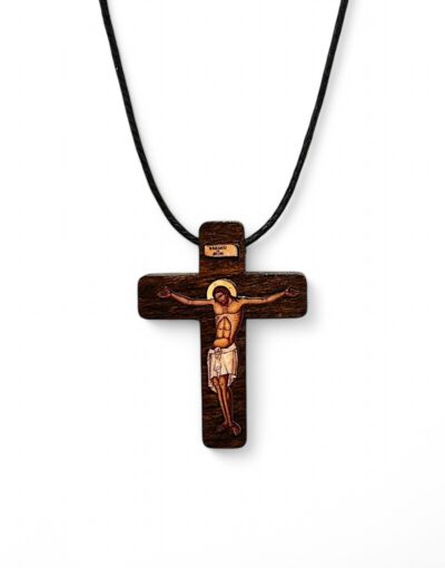ξύλινος σταυρός λαιμού αγιορείτκος εσταυρωμένο αυξομειούμενο δερματίνη κορδόνι -byzanteiko-wooden cross pendant crucified jesus christ