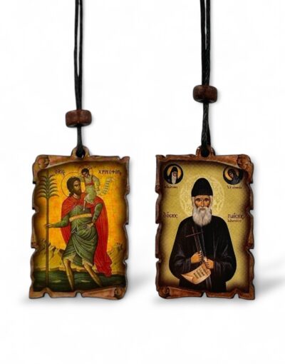κρεμαστό φυλαχτό αυτοκινήτου πάπυρος παναγία επτάσπαθη άγιος χριστόφορος byzanteiko- Car Hanging Amulet – Scroll with saint paisios the athonite & Saint Christopher 2