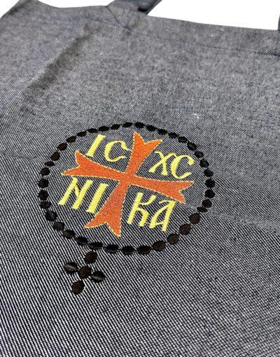 fabric athonite bag with embroidered ic xc nika byzanteiko mount athos υφασμάτινη τσάντα αγιορείτικη τζιν μαύρο