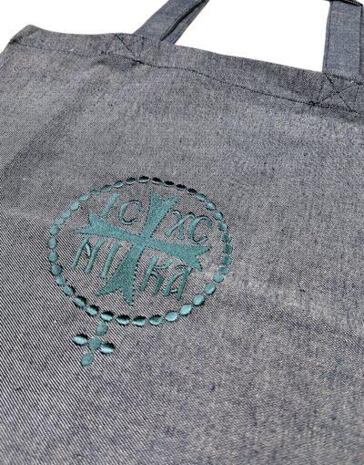 fabric athonite bag with embroidered ic xc nika byzanteiko mount athos υφασμάτινη τσάντα αγιορείτικη τζιν μπλε 1